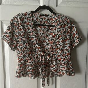 SHEIN Floral Tie-Front Blouse - Black, White, Red